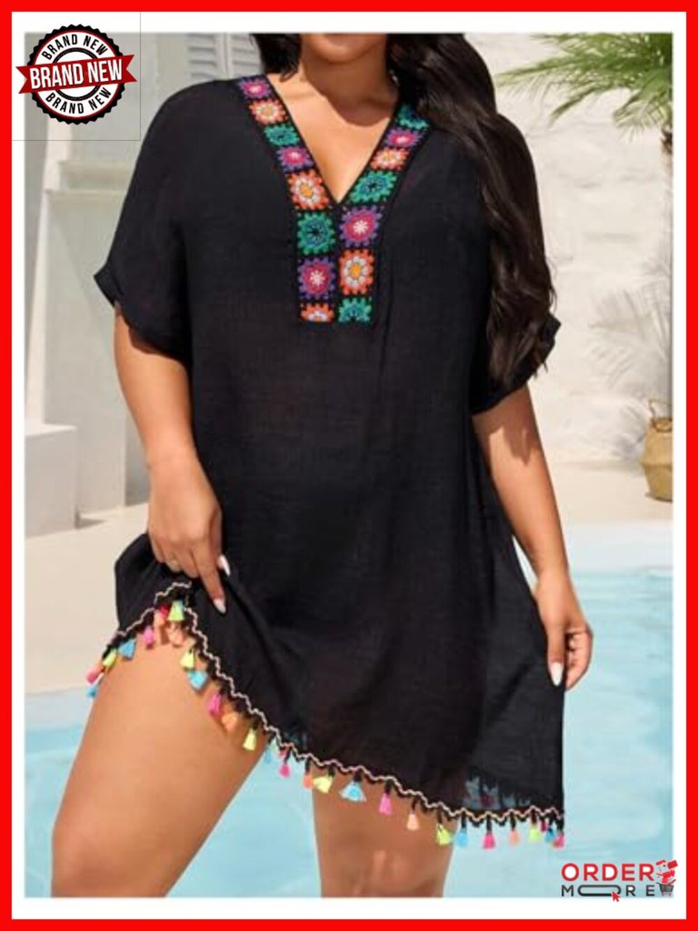 Plus Size Bohemian Geo Fringe Tunic Swimsuit Coverup - Picture 3 of 4